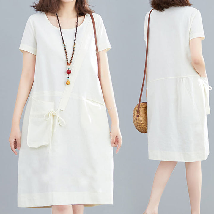 Vestido midi informal de verano con cuello redondo, manga corta, de lino y algodón, con cordones y bolsillos , de Buddha Stones - image 4