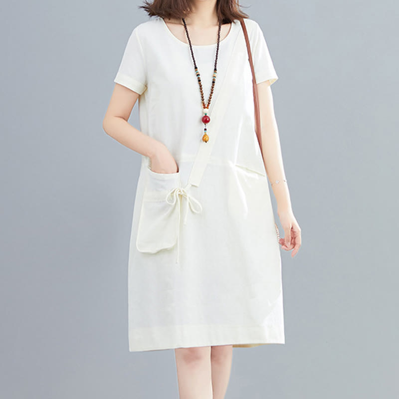 Vestido midi informal de verano con cuello redondo, manga corta, de lino y algodón, con cordones y bolsillos , de Buddha Stones - Blanco - US8-10，UK/AU12-14，EU40-42 (2XL) - image 0