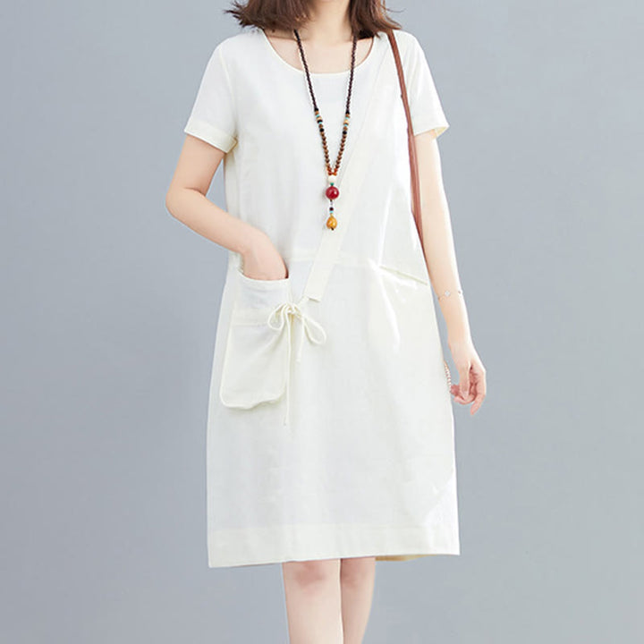 Vestido midi informal de verano con cuello redondo, manga corta, de lino y algodón, con cordones y bolsillos , de Buddha Stones - Blanco - US8-10，UK/AU12-14，EU40-42 (2XL) - image 0