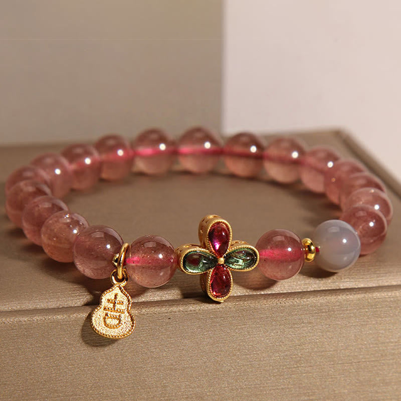 Pulsera curativa de calabaza de la suerte con trébol de cuatro hojas y cuarzo fresa de Buddha Stones
