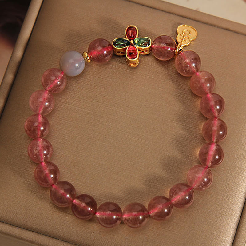 Pulsera curativa de calabaza de la suerte con trébol de cuatro hojas y cuarzo fresa de Buddha Stones