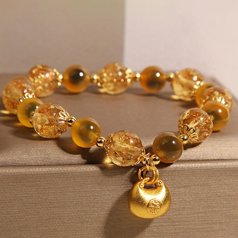 Pulsera de curación con bolsa de bendición y carácter Fu de ágata amarilla con Buddha Stones