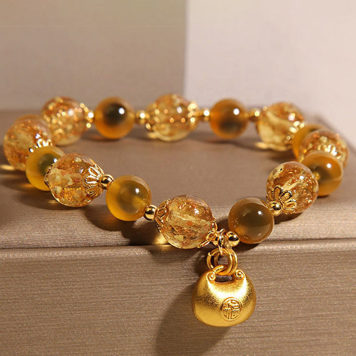 Pulsera de curación con bolsa de bendición y carácter Fu de ágata amarilla con Buddha Stones