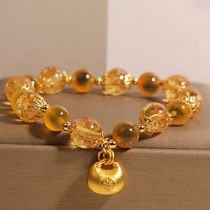 Pulsera de curación con bolsa de bendición y carácter Fu de ágata amarilla con Buddha Stones