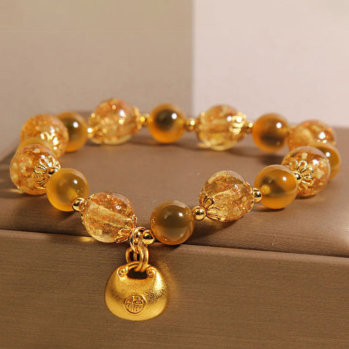 Pulsera de curación con bolsa de bendición y carácter Fu de ágata amarilla con Buddha Stones