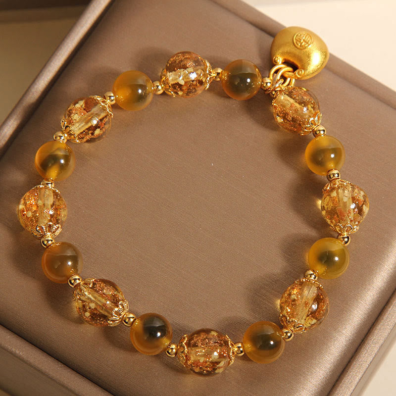 Pulsera de curación con bolsa de bendición y carácter Fu de ágata amarilla con Buddha Stones
