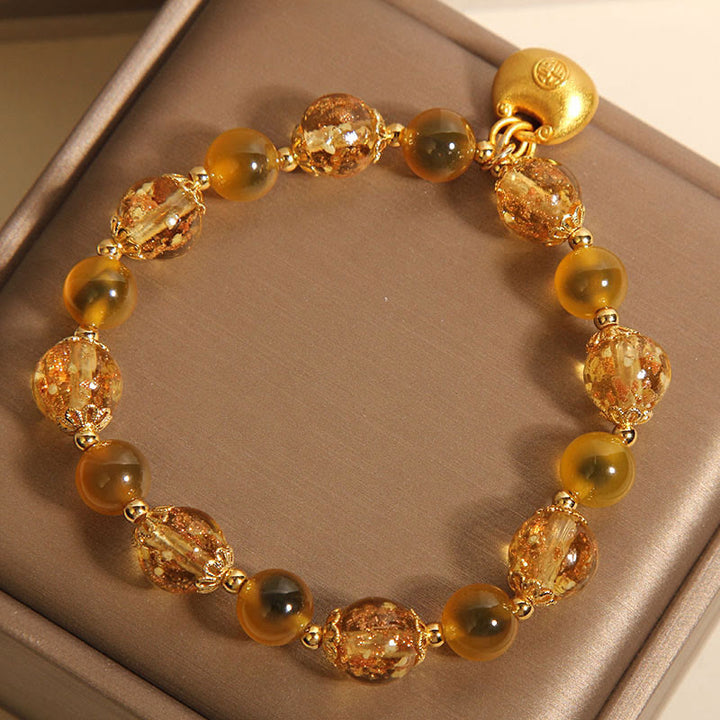 Pulsera de curación con bolsa de bendición y carácter Fu de ágata amarilla con Buddha Stones
