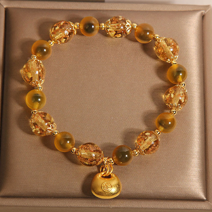 Pulsera de curación con bolsa de bendición y carácter Fu de ágata amarilla con Buddha Stones
