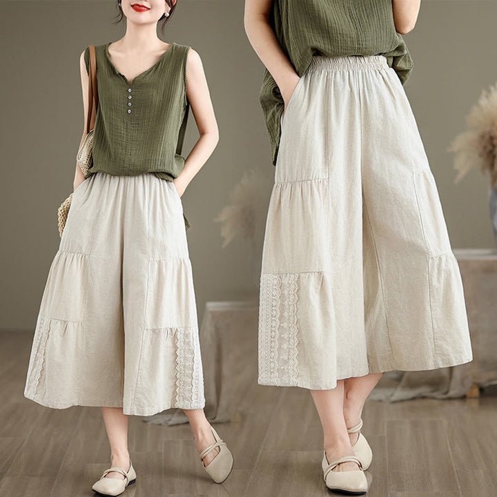 Pantalones casuales de lino y algodón con encaje liso y bolsillos para mujer de Buddha Stones - image 10