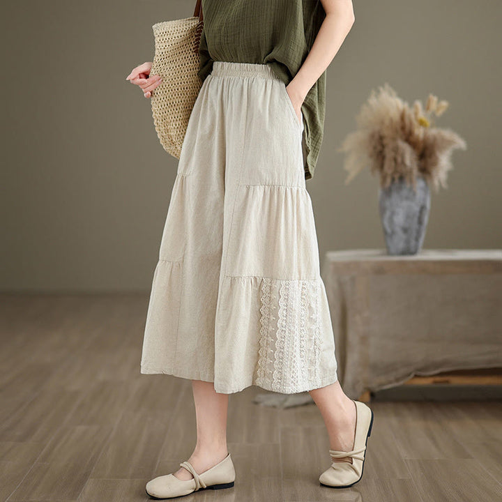Pantalones casuales de lino y algodón con encaje liso y bolsillos para mujer de Buddha Stones - image 2