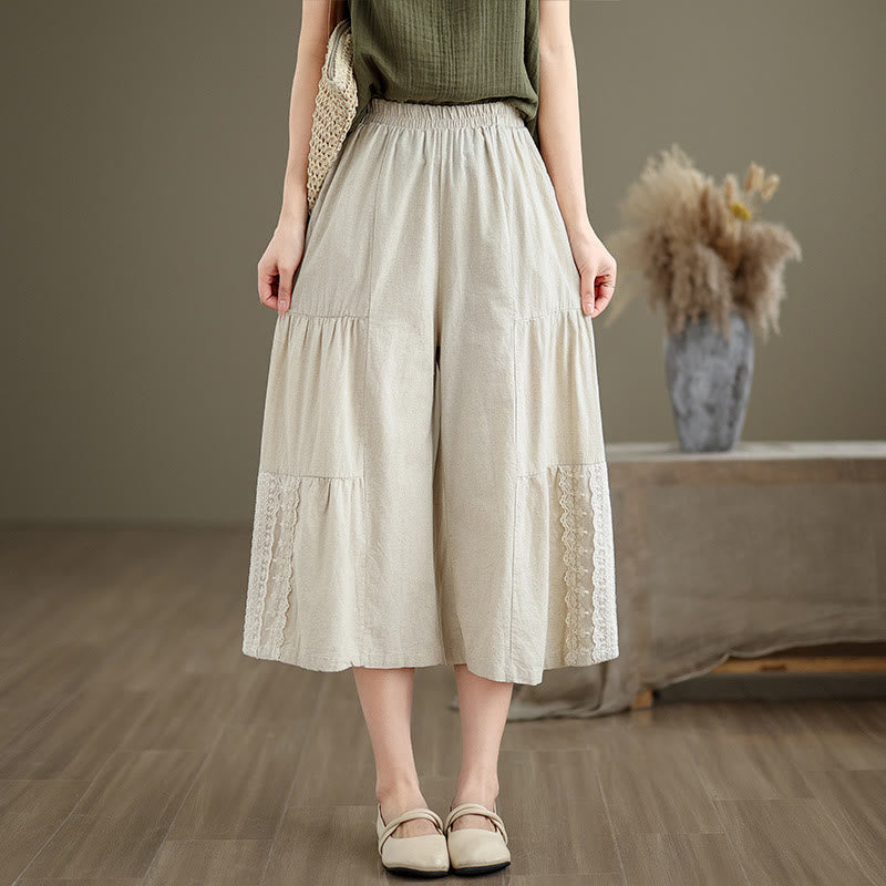Pantalones casuales de lino y algodón con encaje liso y bolsillos para mujer de Buddha Stones - image 3