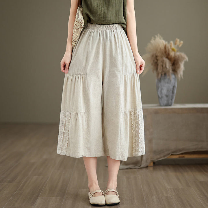 Pantalones casuales de lino y algodón con encaje liso y bolsillos para mujer de Buddha Stones - image 3