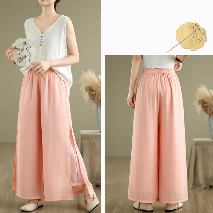 Pantalones anchos de algodón y lino con diseño vintage de Buddha Stones para mujer, con bolsillos