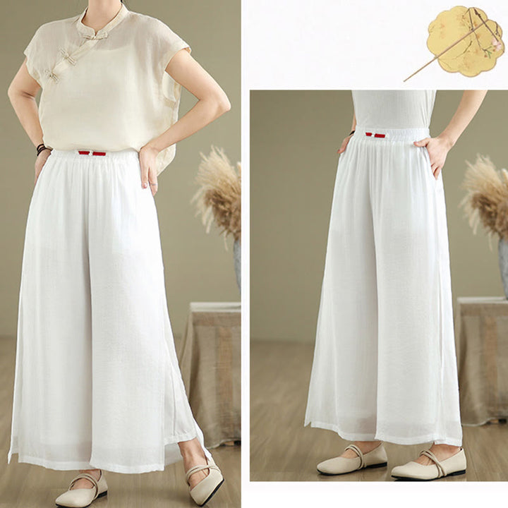 Pantalones anchos de algodón y lino con diseño vintage de Buddha Stones para mujer, con bolsillos