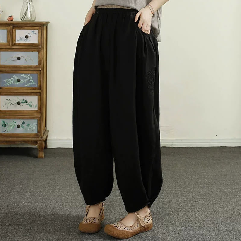 Pantalones harén de lino y algodón con bordado vintage de Buddha Stones para mujer, de largo 7-8, con bolsillos - Negro - US6，UK/AU10，EU38 (XL) - image 10