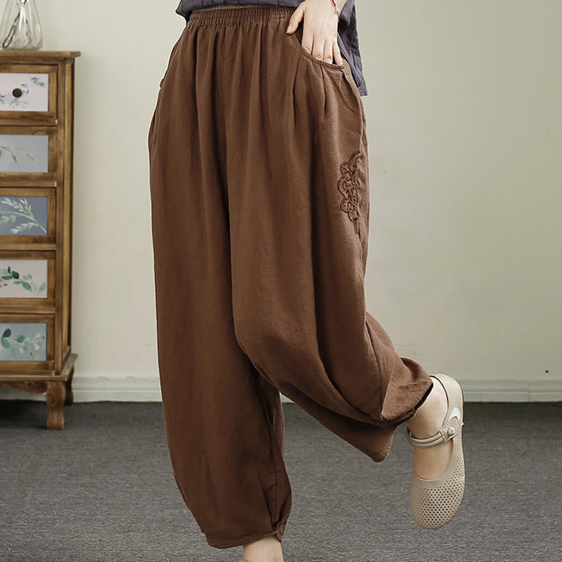 Pantalones harén de lino y algodón con bordado vintage de Buddha Stones para mujer, de largo 7-8, con bolsillos - image 15