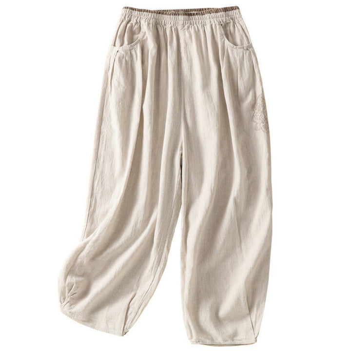 Pantalones harén de lino y algodón con bordado vintage de Buddha Stones para mujer, de largo 7-8, con bolsillos - image 9
