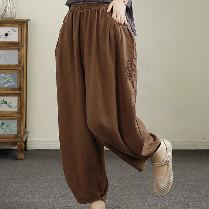 Pantalones harén de lino y algodón con bordado vintage de Buddha Stones para mujer, de largo 7-8, con bolsillos - image 15