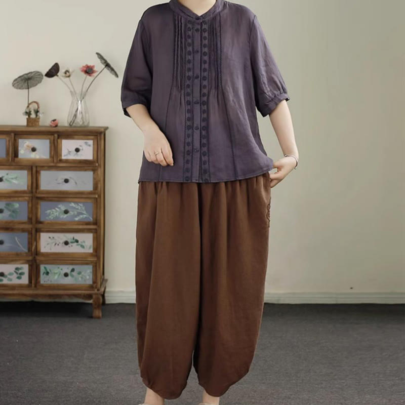 Pantalones harén de lino y algodón con bordado vintage de Buddha Stones para mujer, de largo 7-8, con bolsillos - image 17