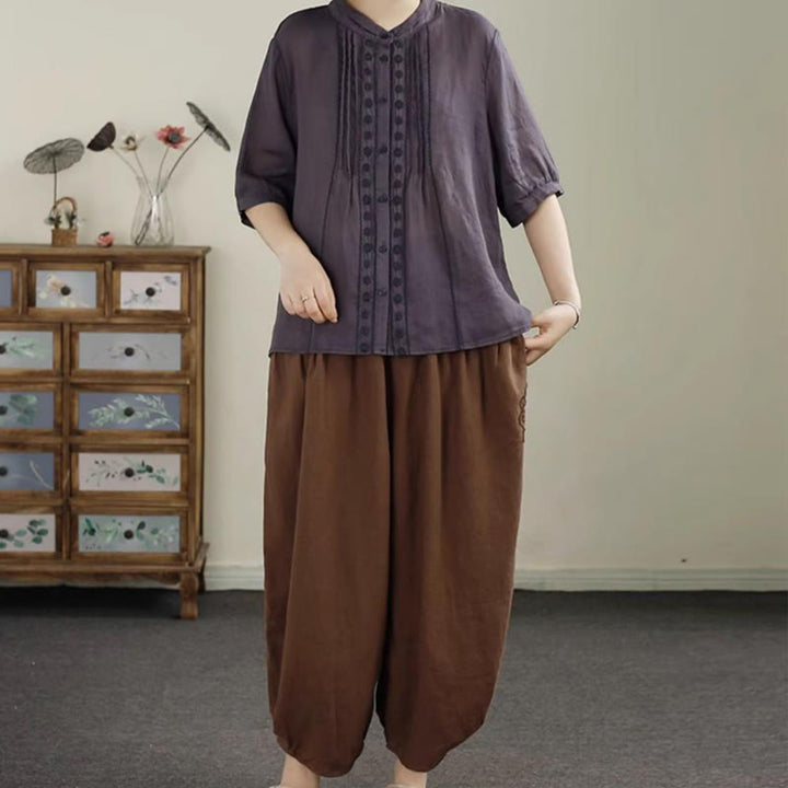 Pantalones harén de lino y algodón con bordado vintage de Buddha Stones para mujer, de largo 7-8, con bolsillos - image 17