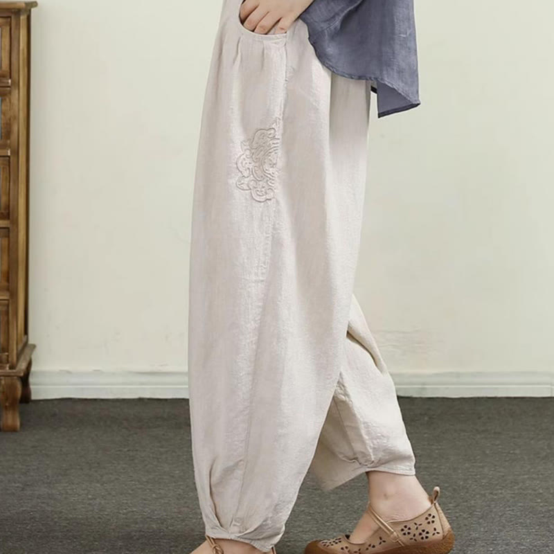 Pantalones harén de lino y algodón con bordado vintage de Buddha Stones para mujer, de largo 7-8, con bolsillos - image 1