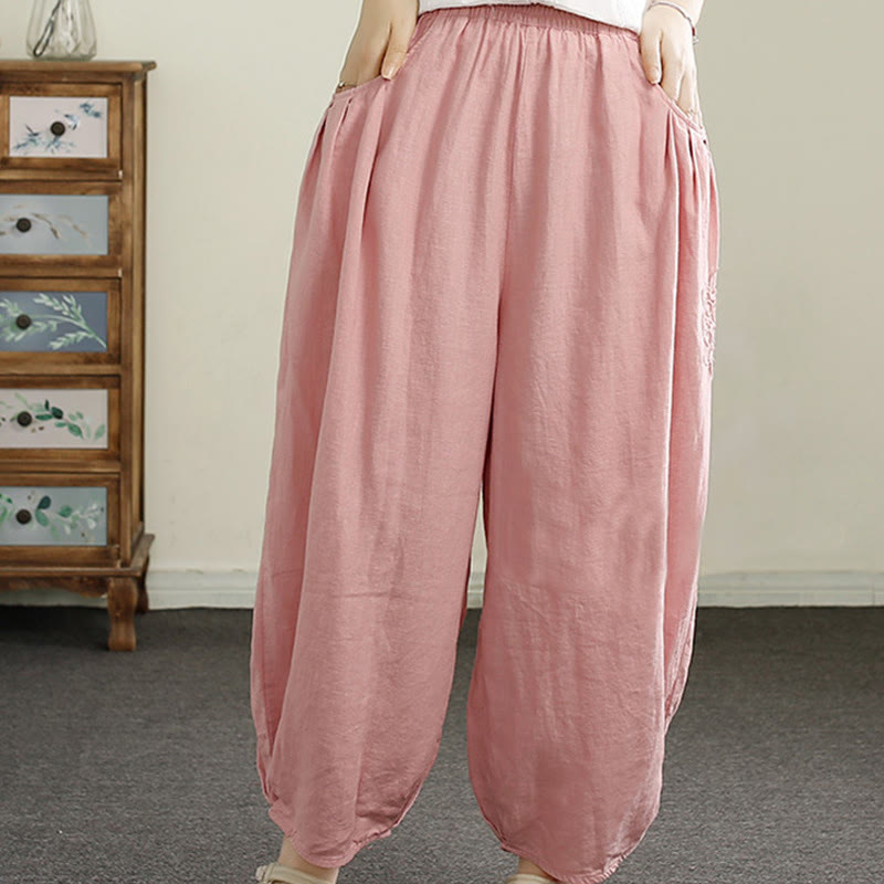 Pantalones harén de lino y algodón con bordado vintage de Buddha Stones para mujer, de largo 7-8, con bolsillos - image 19