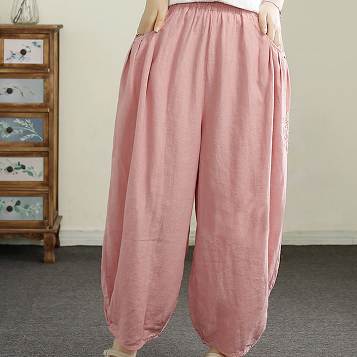 Pantalones harén de lino y algodón con bordado vintage de Buddha Stones para mujer, de largo 7-8, con bolsillos - image 19