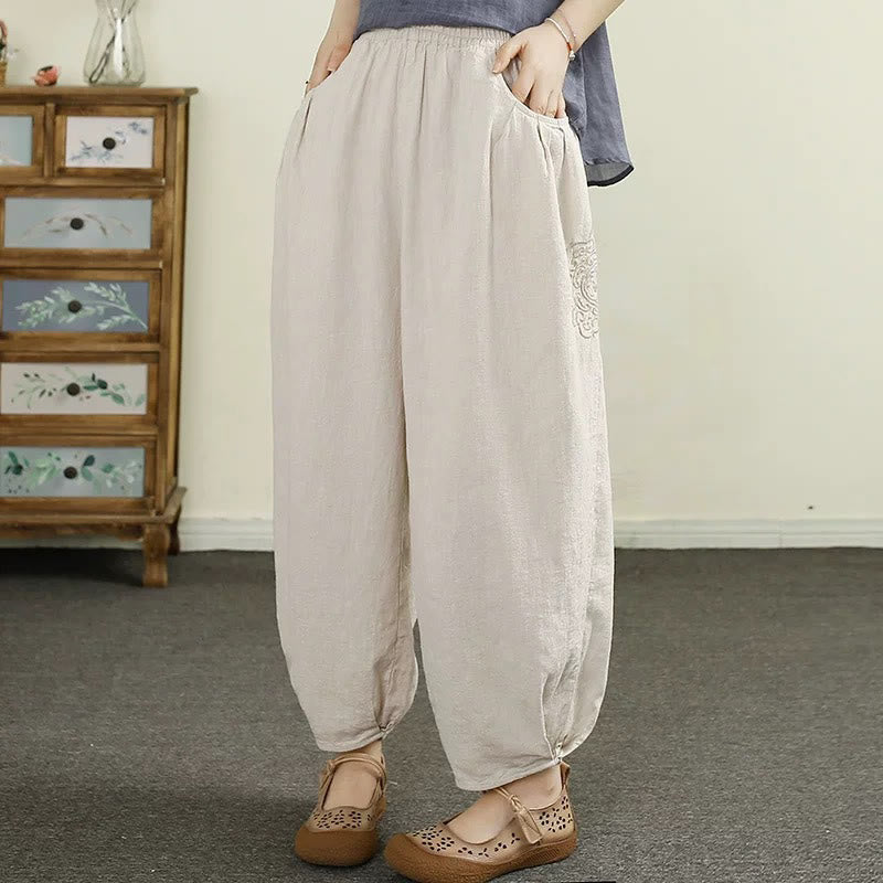 Pantalones harén de lino y algodón con bordado vintage de Buddha Stones para mujer, de largo 7-8, con bolsillos - Beige - US6，UK/AU10，EU38 (XL) - image 0