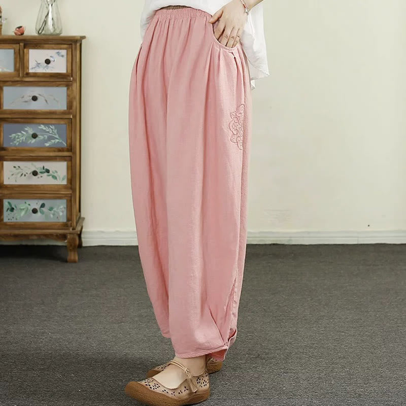 Pantalones harén de lino y algodón con bordado vintage de Buddha Stones para mujer, de largo 7-8, con bolsillos - rosa claro - US6，UK/AU10，EU38 (XL) - image 18
