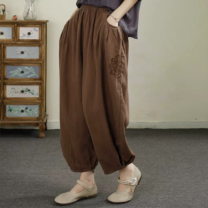 Pantalones harén de lino y algodón con bordado vintage de Buddha Stones para mujer, de largo 7-8, con bolsillos - Tierra de siena - US6，UK/AU10，EU38 (XL) - image 14