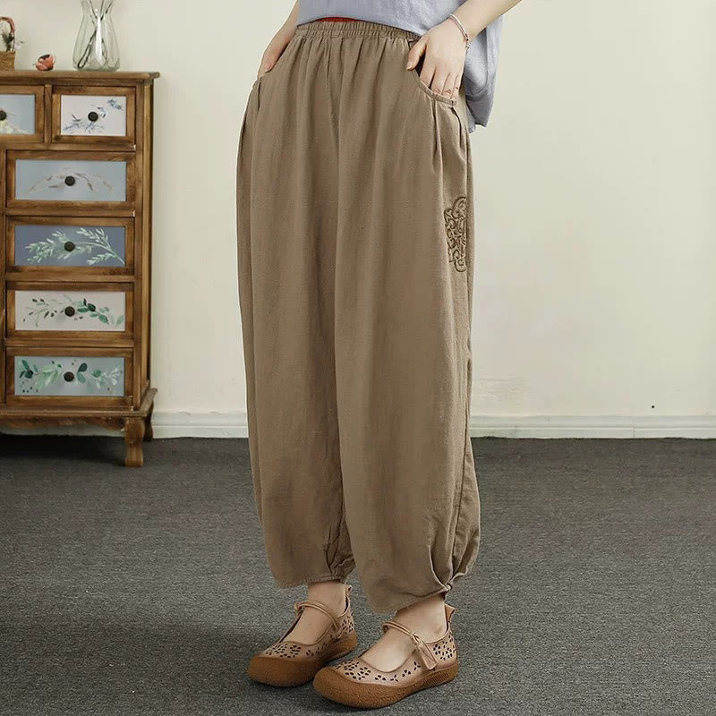Pantalones harén de lino y algodón con bordado vintage de Buddha Stones para mujer, de largo 7-8, con bolsillos - Broncearse - US6，UK/AU10，EU38 (XL) - image 12