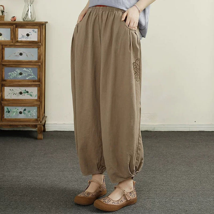 Pantalones harén de lino y algodón con bordado vintage de Buddha Stones para mujer, de largo 7-8, con bolsillos - Broncearse - US6，UK/AU10，EU38 (XL) - image 12