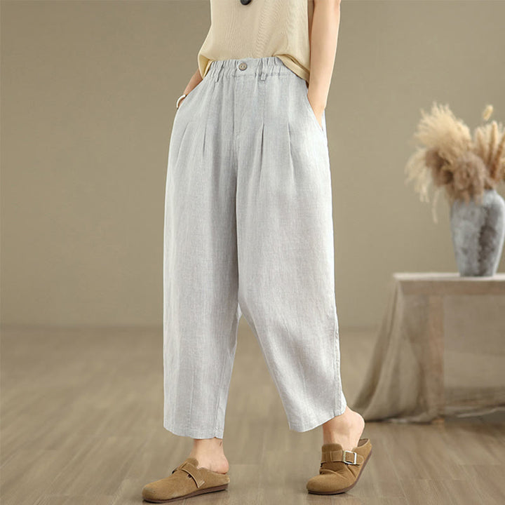 Pantalones harén de lino y algodón con bolsillos para mujer, de cintura alta, informales, de verano, de color liso, con Buddha Stones