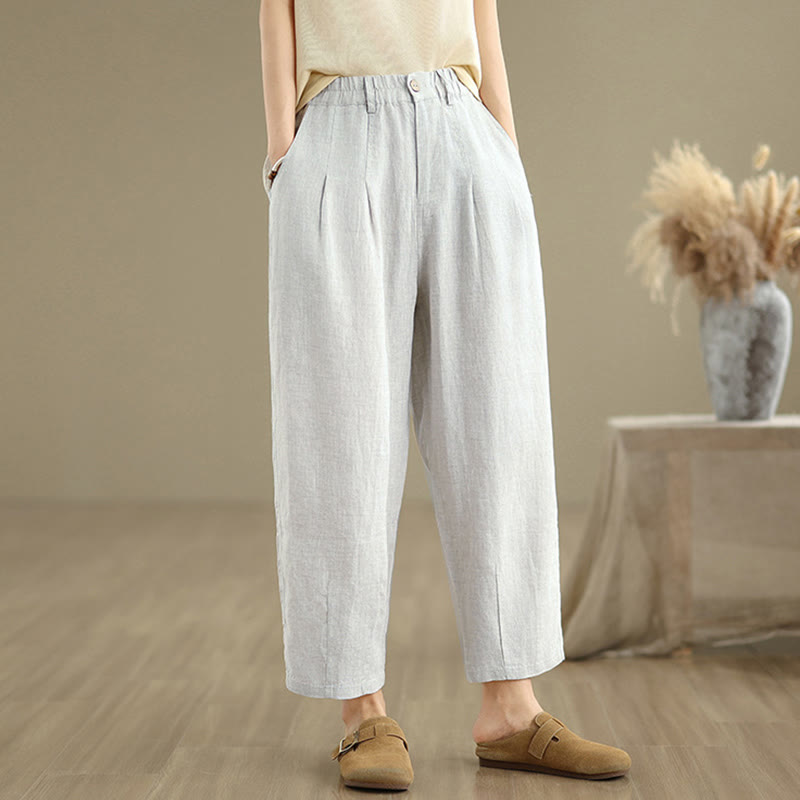 Pantalones harén de lino y algodón con bolsillos para mujer, de cintura alta, informales, de verano, de color liso, con Buddha Stones