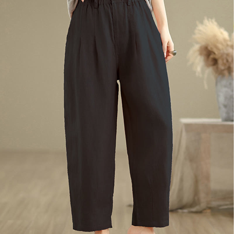 Pantalones harén de lino y algodón con bolsillos para mujer, de cintura alta, informales, de verano, de color liso, con Buddha Stones