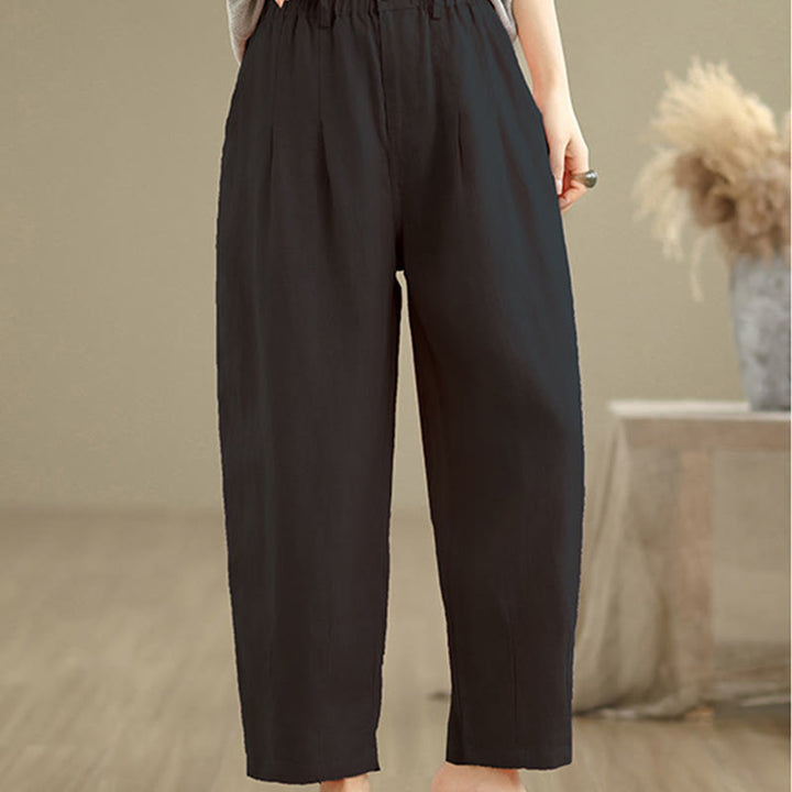Pantalones harén de lino y algodón con bolsillos para mujer, de cintura alta, informales, de verano, de color liso, con Buddha Stones