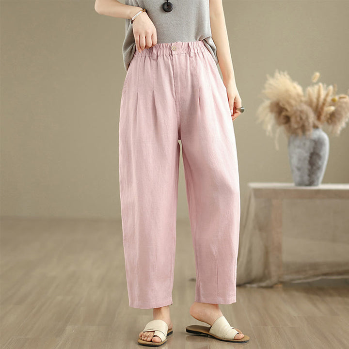 Pantalones harén de lino y algodón con bolsillos para mujer, de cintura alta, informales, de verano, de color liso, con Buddha Stones