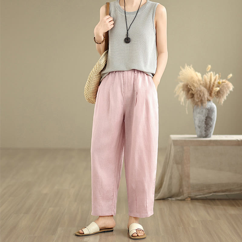 Pantalones harén de lino y algodón con bolsillos para mujer, de cintura alta, informales, de verano, de color liso, con Buddha Stones