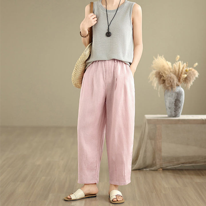Pantalones harén de lino y algodón con bolsillos para mujer, de cintura alta, informales, de verano, de color liso, con Buddha Stones