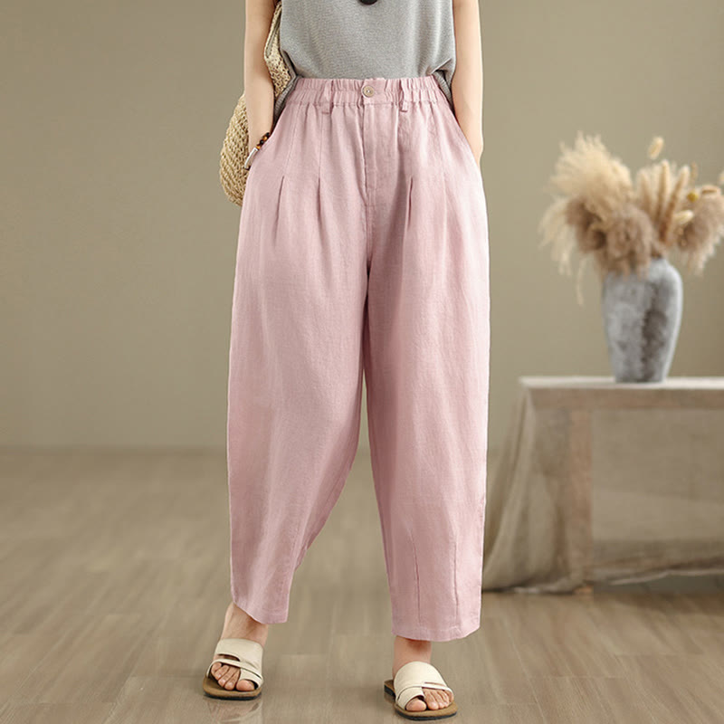 Pantalones harén de lino y algodón con bolsillos para mujer, de cintura alta, informales, de verano, de color liso, con Buddha Stones - image 14