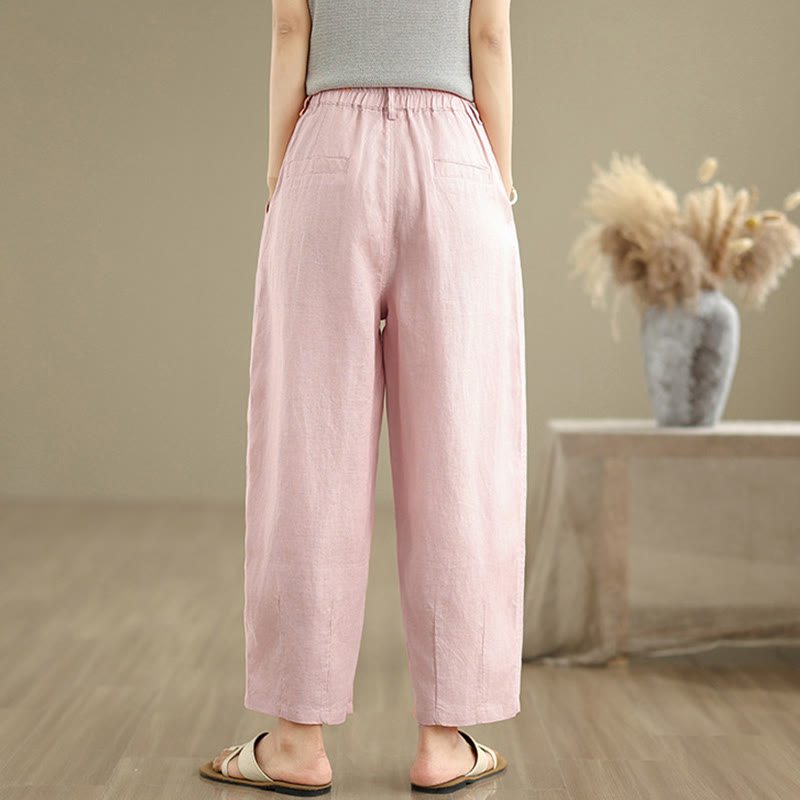 Pantalones harén de lino y algodón con bolsillos para mujer, de cintura alta, informales, de verano, de color liso, con Buddha Stones