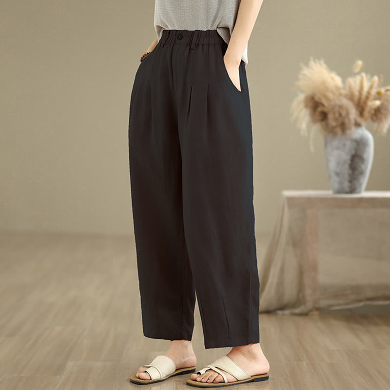 Pantalones harén de lino y algodón con bolsillos para mujer, de cintura alta, informales, de verano, de color liso, con Buddha Stones