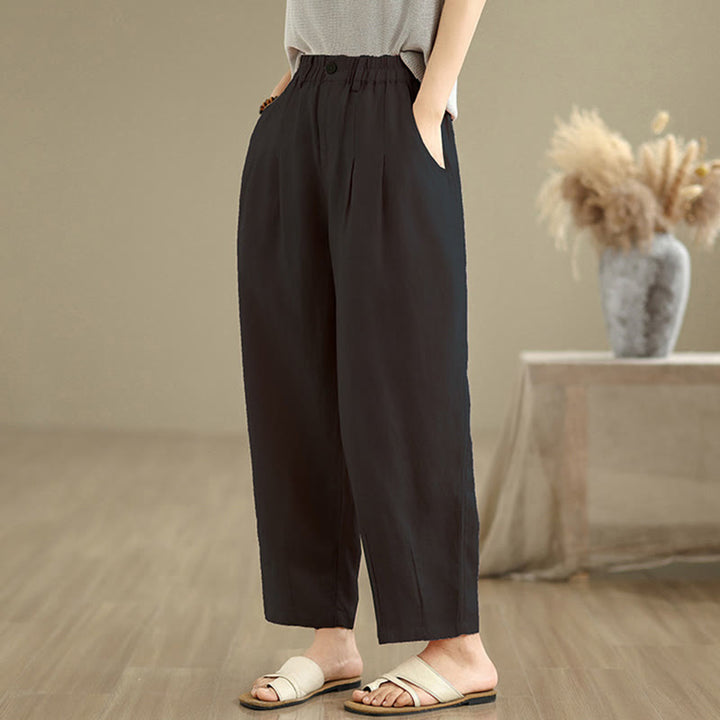 Pantalones harén de lino y algodón con bolsillos para mujer, de cintura alta, informales, de verano, de color liso, con Buddha Stones