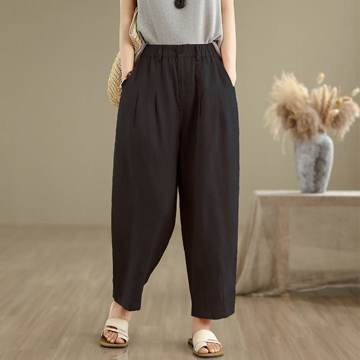 Pantalones harén de lino y algodón con bolsillos para mujer, de cintura alta, informales, de verano, de color liso, con Buddha Stones