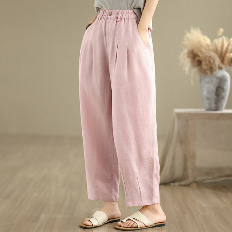 Pantalones harén de lino y algodón con bolsillos para mujer, de cintura alta, informales, de verano, de color liso, con Buddha Stones