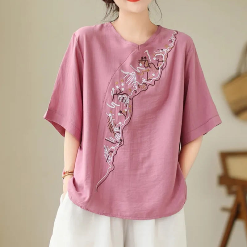 Camiseta de mujer con cuello redondo, manga corta y diseño geométrico bordado étnico con Buddha Stones - Rosa intenso - US14, UK/AU18, EU46 (4XL) - image 2