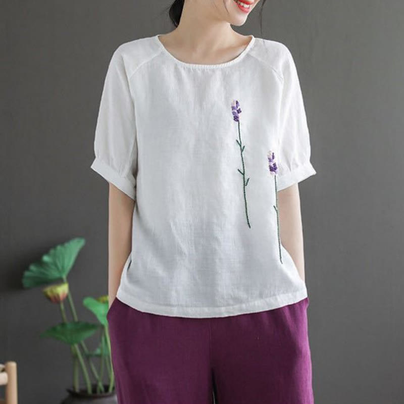 Camiseta de algodón y lino con cuello redondo para mujer, diseño vintage de flores bordadas con Buddha Stones , de verano - image 15