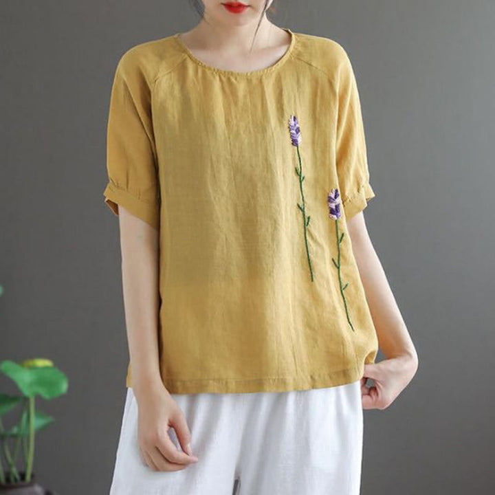 Camiseta de algodón y lino con cuello redondo para mujer, diseño vintage de flores bordadas con Buddha Stones , de verano - image 7