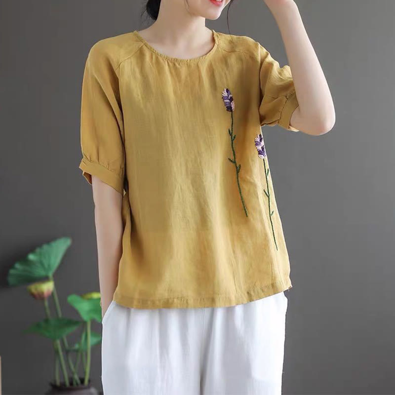 Camiseta de algodón y lino con cuello redondo para mujer, diseño vintage de flores bordadas con Buddha Stones , de verano - image 10