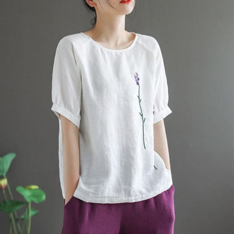 Camiseta de algodón y lino con cuello redondo para mujer, diseño vintage de flores bordadas con Buddha Stones , de verano - image 14